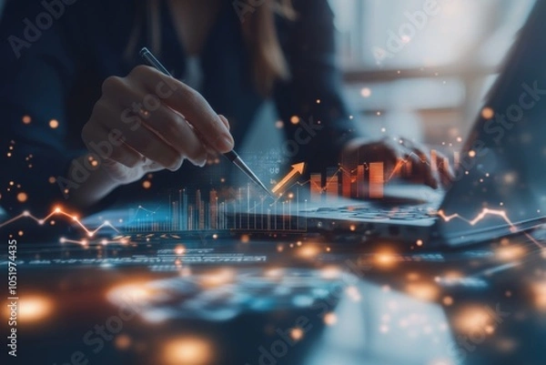 Fototapeta Professional Business Analyst Analyzing Data Trends on Laptop with Graphs and Charts; Financial Growth Concept in a Modern Office Environment