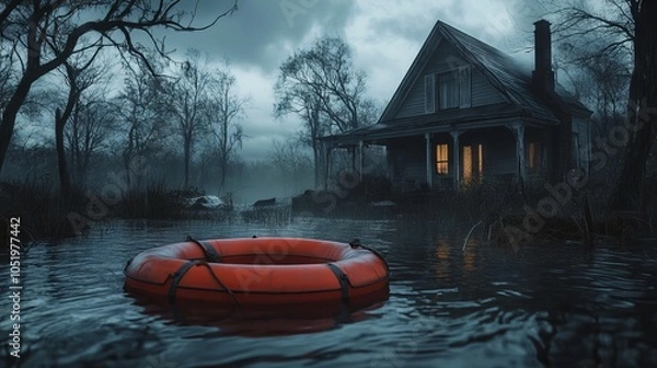 Fototapeta Life ring and raft in front of a home during a flood. AI generated illustration
