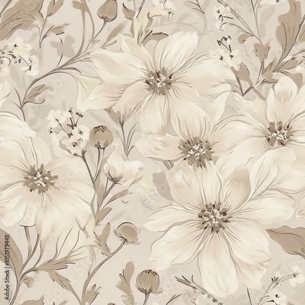 Obraz Seamless Delicate Floral Pattern in Soft Cream and Gray-Brown Tones with Small Wildflowers