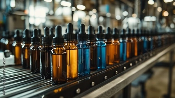 Fototapeta VFTA e-liquid production on a factory floor with various glass bottles on a conveyor belt. AI generated illustration