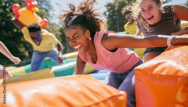 Fototapeta Playful Adults: A Battle for Toy Chickens on the Inflatable Playground