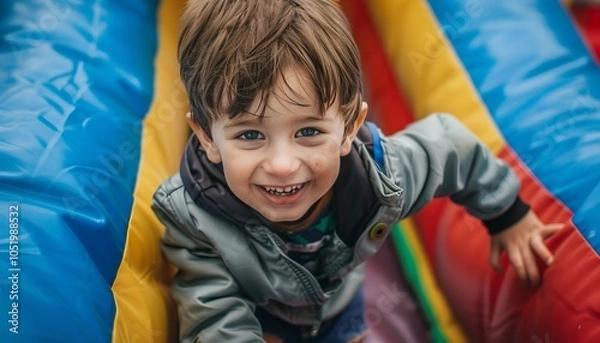 Fototapeta Bouncing with Joy: Adorable 2-Year-Old Boy Smiling on an Inflatable Bouncy Castle