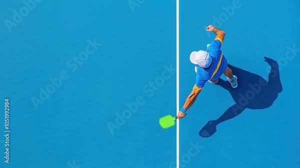 Fototapeta High angle photo showing pickleball player preparing to serve with paddle