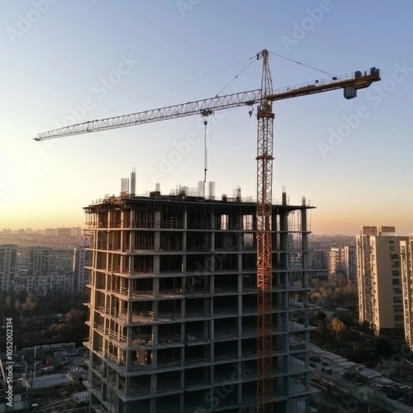 Fototapeta Construcrion site background. Concrete building under construction. Big tower crane.