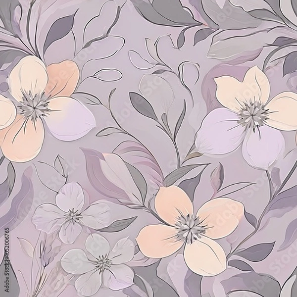 Obraz Seamless whimsical floral pattern with soft lavender, peach, and misty grey tones.