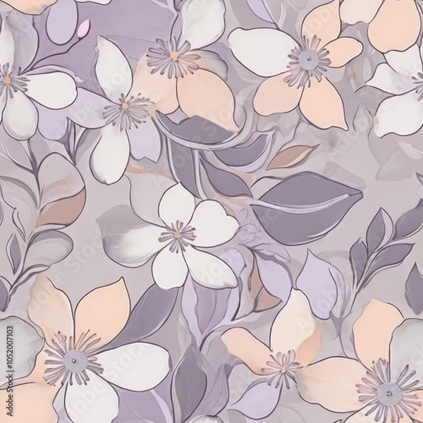 Obraz Seamless whimsical floral pattern with soft lavender, peach, and misty grey tones.