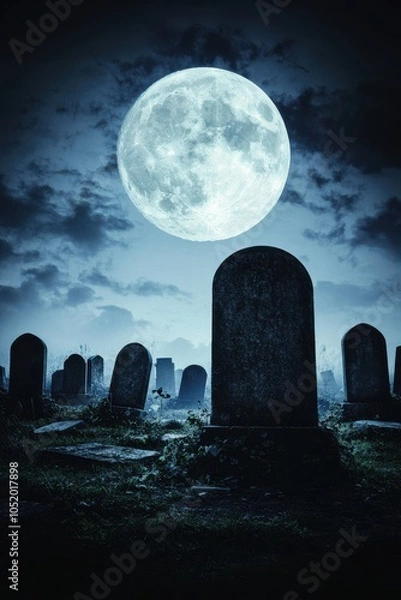 Fototapeta A haunting graveyard scene under a luminous full moon, casting eerie shadows on weathered tombstones amidst dark, moody clouds.