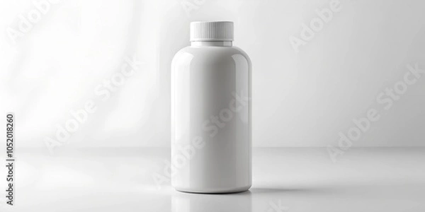 Obraz A white plastic bottle mockup standing on a white background, showcasing product labels for health or beauty