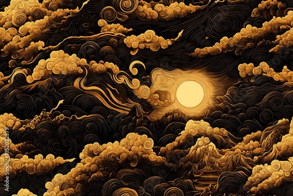 Fototapeta A painting of a mountain range with a sun in the sky. The sun is yellow and the sky is dark