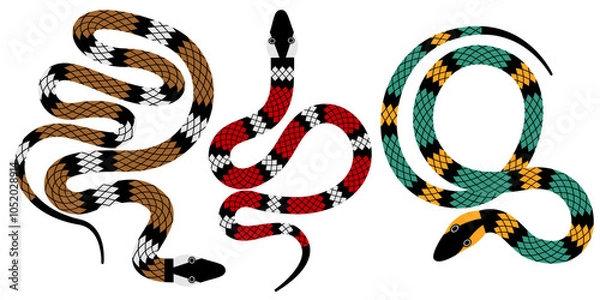 Obraz a snake in different colors and poses isolated on a white background. A unique artistic brush draws a snake. stock vector illustration. EPS 10