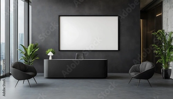 Fototapeta Modern office space with minimalist design, featuring a desk, chairs, and plants.