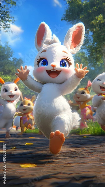 Fototapeta A cheerful white rabbit with blue eyes runs towards the camera, followed by other rabbits in a green forest.