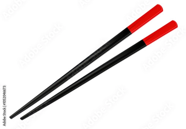 Fototapeta A pair of black chopsticks with red tips, commonly used in Asian cuisine, displayed against a white background. transparent background