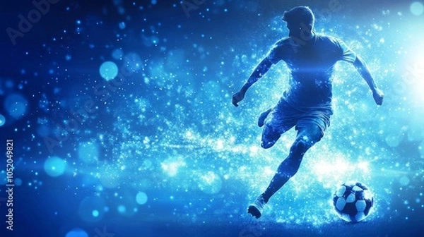 Obraz A silhouette of a soccer player kicking the ball in a blue and white background.