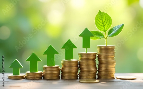 Fototapeta Financial development in business, showcasing increasing profit growth with upward trending graphs,  stacks of coins, rising arrow graphs