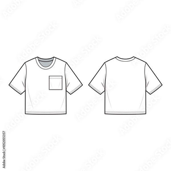 Fototapeta Vector illustration of a crop top tee with a fitted cut, short sleeves, and crew neck, ideal for fashion flats, apparel templates, and tech packs.

