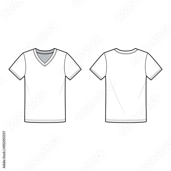 Fototapeta Front and back view technical flat of a short-sleeve V-neck T-shirt, displayed in a minimalist outline style.
