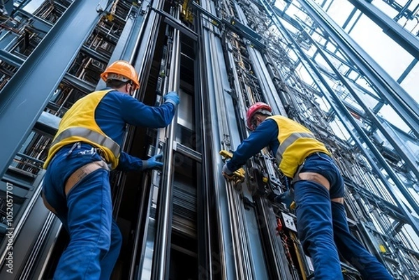 Fototapeta Two construction workers in safety gear inspect a modern elevator shaft, ensuring its operation and safety standards on a skyscraper site.