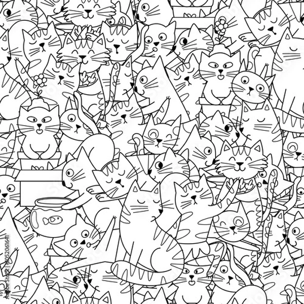 Fototapeta Cute cats black and white seamless pattern. Funny feline characters background for coloring book. Vector illustration