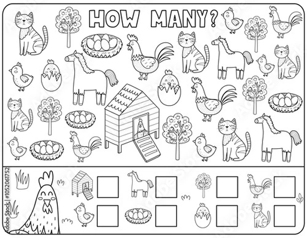 Fototapeta How many black and white activity page for kids with cute farm animals. Count the number of horse, cat, rooster, chick and more. Puzzle game in outline. Vector illustration