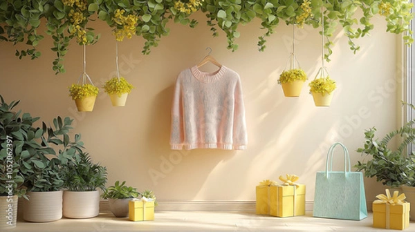 Obraz a soft pastel beige background. various shopping bags, A light pink sweater hangs on the wall, surrounded by delicate yellow gift boxes suspended from leafy vines,