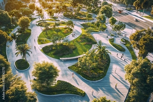 Fototapeta Aerial view of a modern urban park with green spaces and paths. AI generated illustration