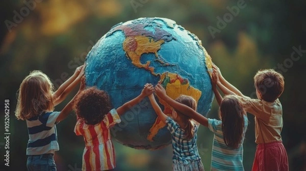 Fototapeta Children of different nationalities holding hands around the globe