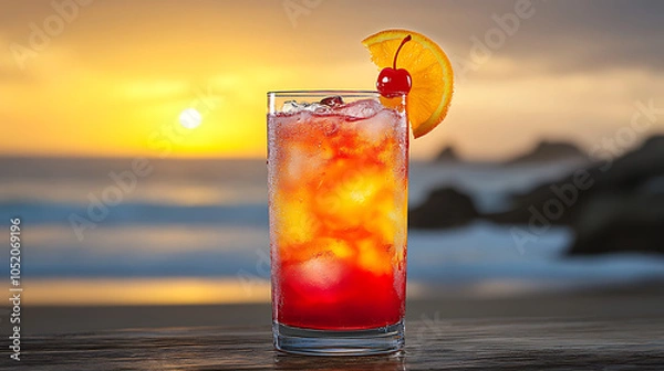 Fototapeta Long glass of layered cocktail with vibrant colors, garnished with a slice of orange and a cherry, against a tropical beach background