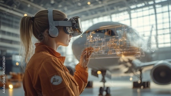 Fototapeta Female Engineer Using Augmented Reality for Aircraft Maintenance in Hangar