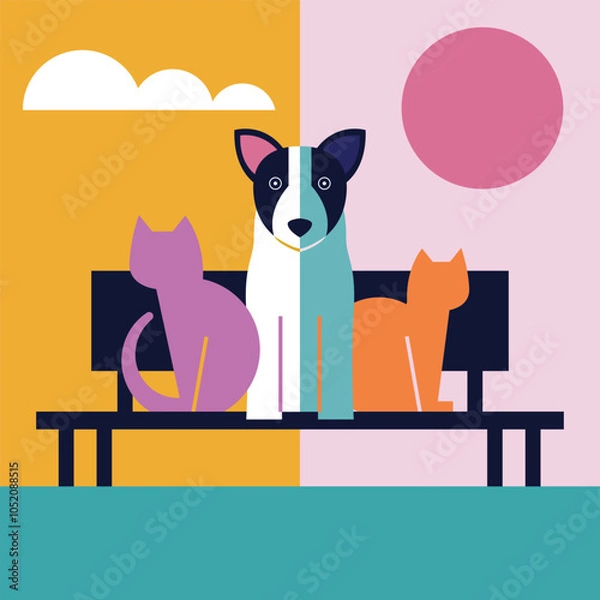 Fototapeta Cats and a dog sitting on a park bench in colourful geometric art style
