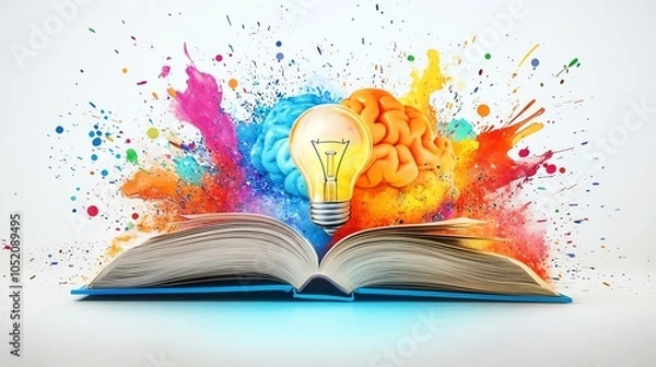 Fototapeta Open book with colorful brain and light bulb.