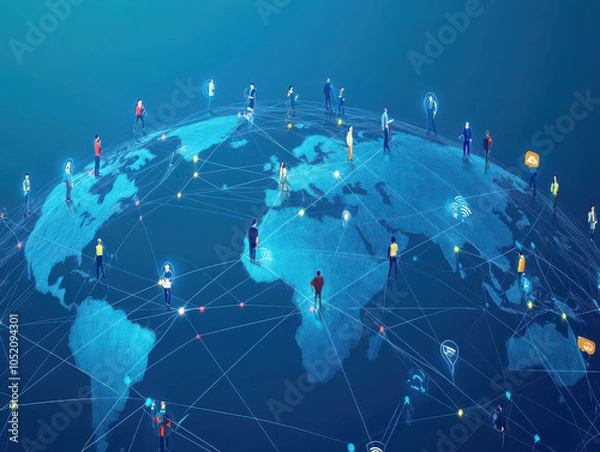 Fototapeta Digital network connecting diverse people globally on a virtual map, symbolizing global communication and connectivity.