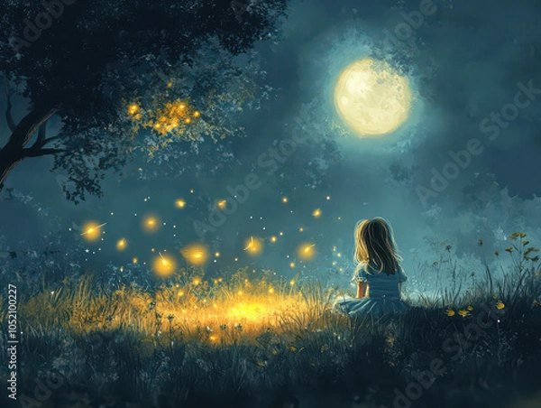 Fototapeta A young girl sits under a glowing full moon, surrounded by ethereal fireflies in a magical forest setting.