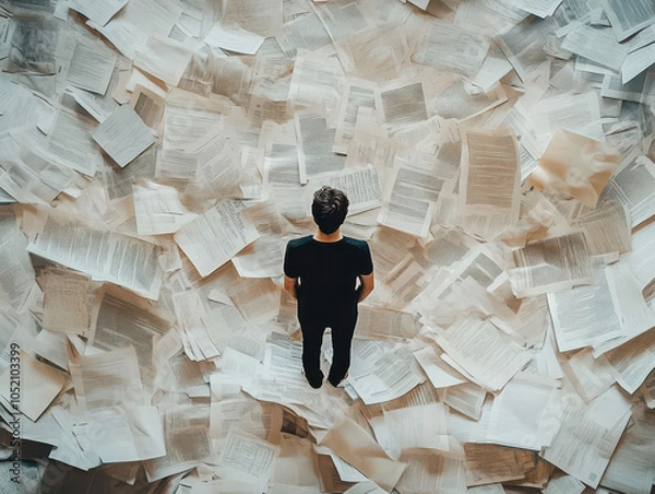 Fototapeta Overwhelmed man standing in a sea of scattered documents and papers, contemplating work overload.