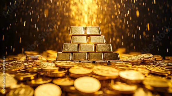 Fototapeta conceptual image of gold bars surrounded by coins, symbolizing wealth and prosperity
