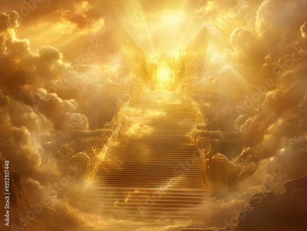 Fototapeta Golden celestial stairway leading to an ethereal throne enveloped in radiant light and clouds.