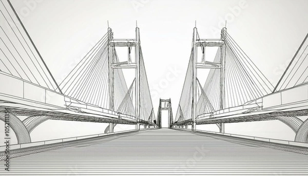 Fototapeta Sketch lines of suspension bridge, 3d rendering.