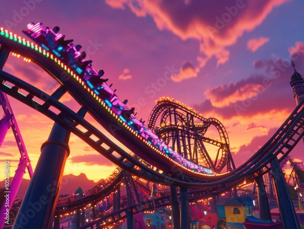 Fototapeta Colorful roller coaster ride at sunset with vibrant sky and lit-up tracks, creating an exhilarating and magical atmosphere.