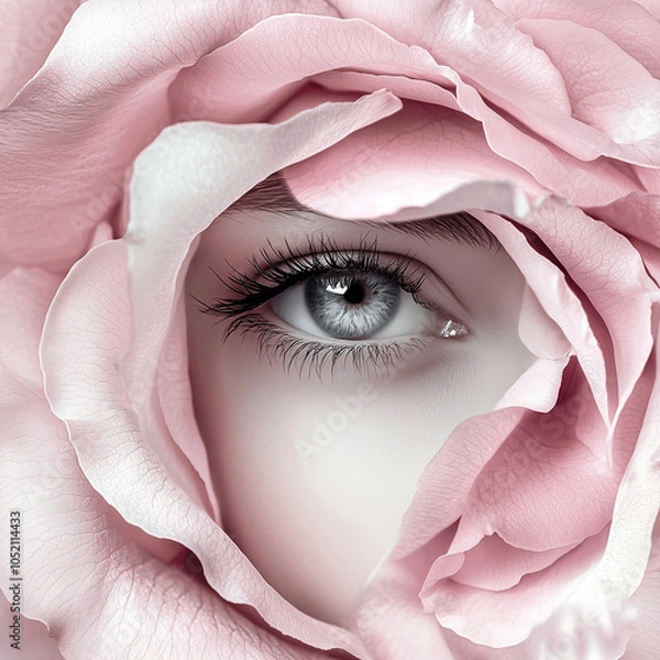 Obraz Close-up of an eye framed by soft pink petals, creating a romantic and surreal effect.