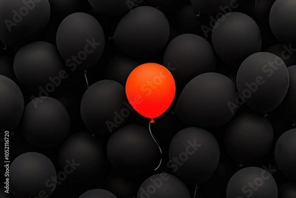 Fototapeta Bright orange balloon floating apart from darker balloons, representing differentiation, aspiration, distinct and minimalistic style, focused light