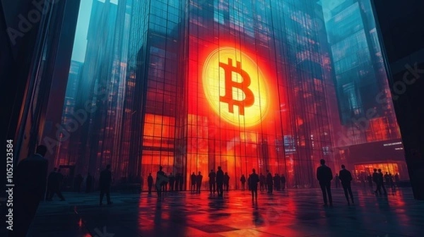 Fototapeta A futuristic city square features a towering glass building with a massive, glowing Bitcoin symbol, casting an orange hue on the scene.