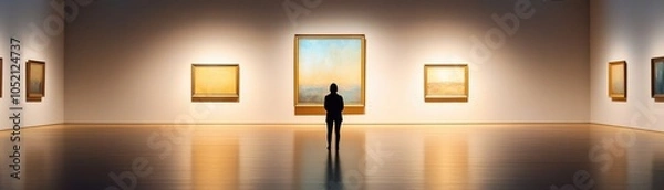 Fototapeta A person admiring artwork in a contemporary gallery, surrounded by illuminated paintings, creating a serene viewing experience.
