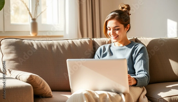 Obraz Woman sitting on a couch, working on a laptop at home