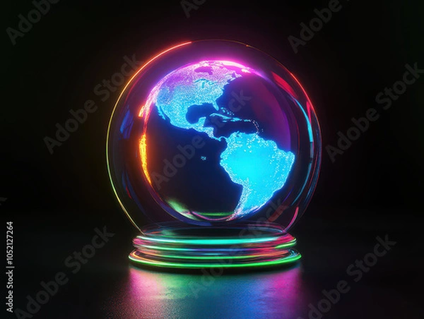 Fototapeta A glowing digital globe with vibrant neon lights on a dark background, highlighting the Americas.