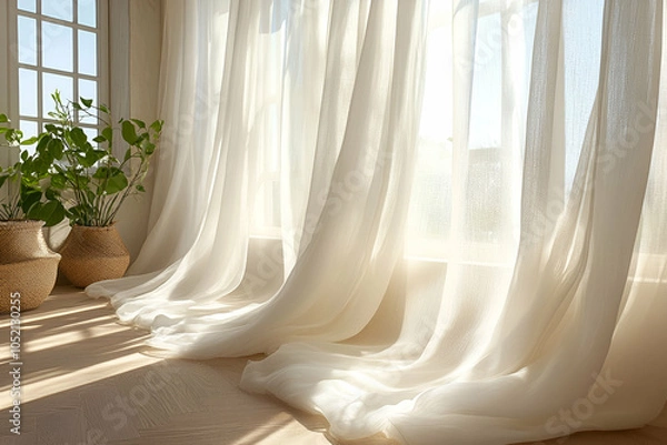 Fototapeta Bright, airy room with flowing white curtains and potted plants, allowing sunlight to filter through, creating a warm, inviting atmosphere.