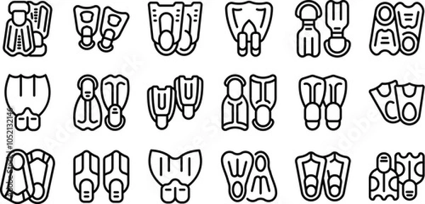 Obraz Scuba flippers icons set. Set of black line icons of diver fins, flippers for diving and swimming in different styles