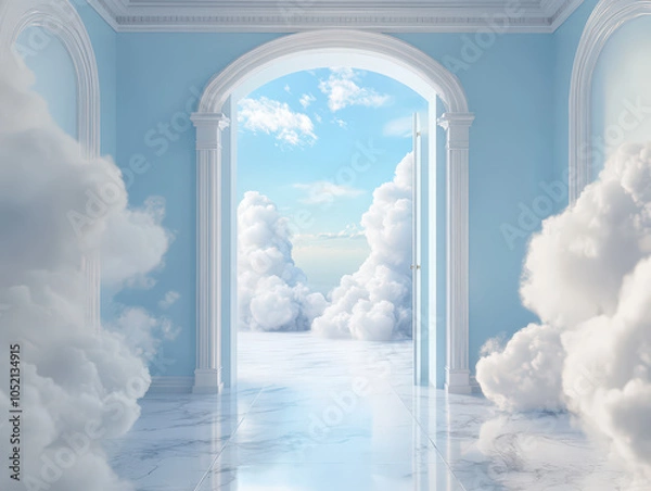 Fototapeta Surreal image of an open door leading from an elegant blue room to a cloud-filled sky, creating a dreamlike atmosphere.