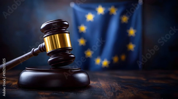 Obraz A Gavel and the European Flag on a Wooden Table: AI Artwork Symbolizing Justice, Law, and Governance in the European Union, Highlighting Judicial Authority and International Cooperation
