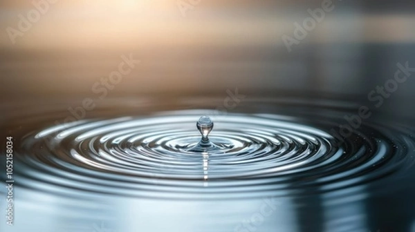 Fototapeta A single water droplet creates ripples on a serene surface, capturing the beauty of motion and reflection in a tranquil setting.