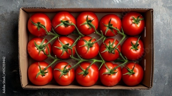 Fototapeta Ripe tomatoes of different sizes in an open cardboard box.